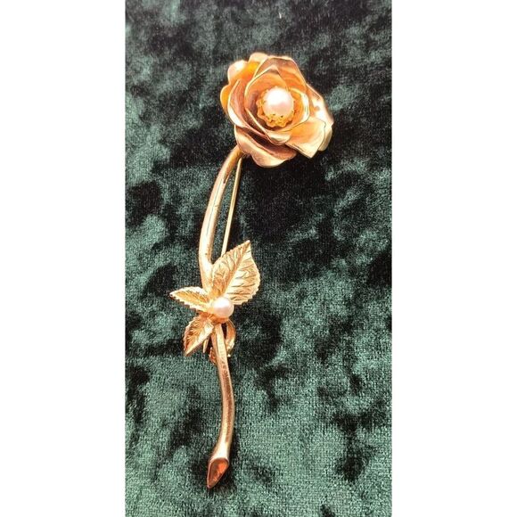 Unbranded Jewelry - Vintage MCM Estate Long Stemmed Gold Tone Rose Pearl Brooch Pin